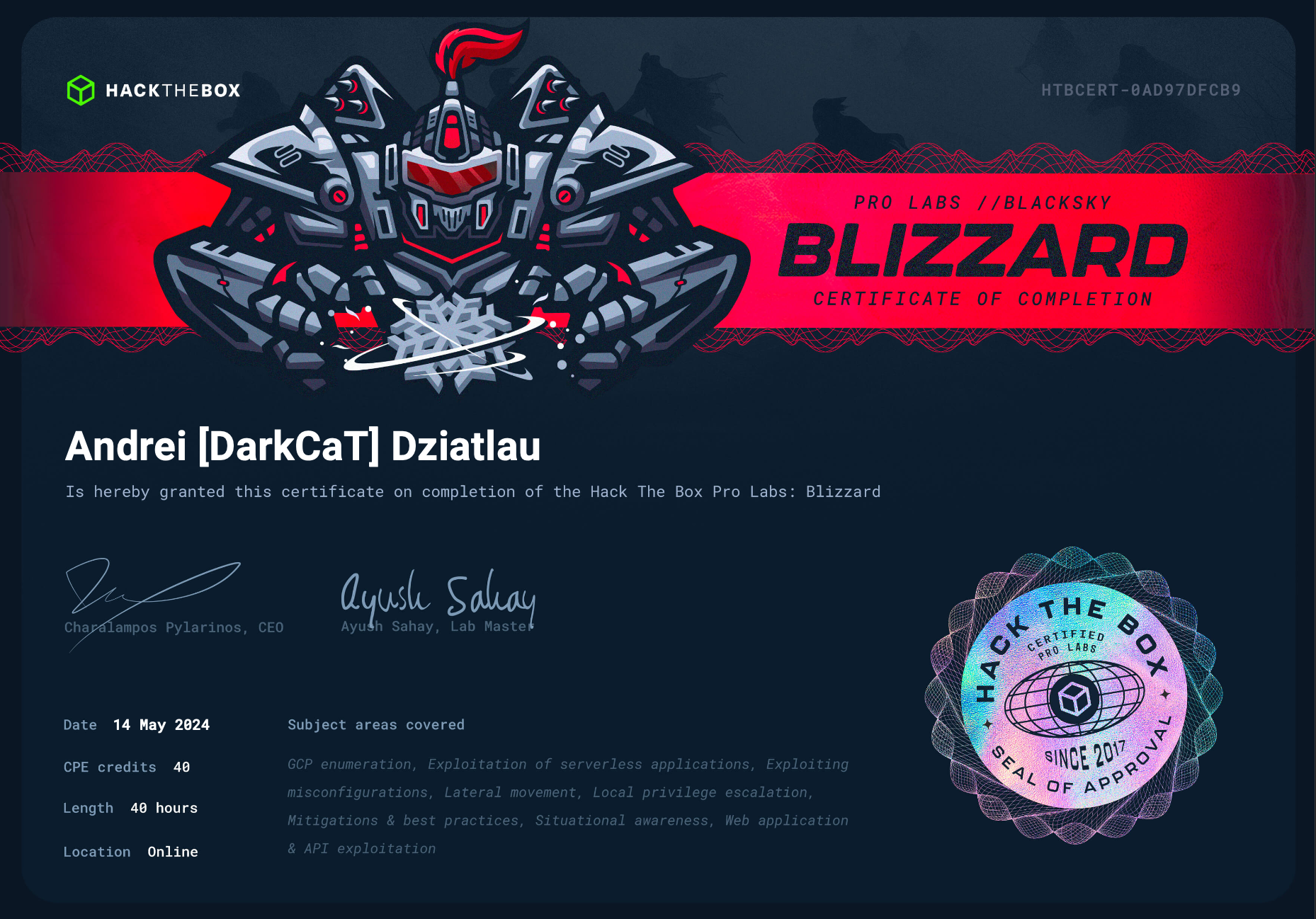 Hack The Box Blizzard certificate