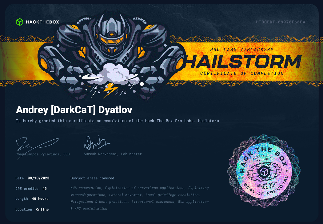 Hack The Box Hailstorm certificate